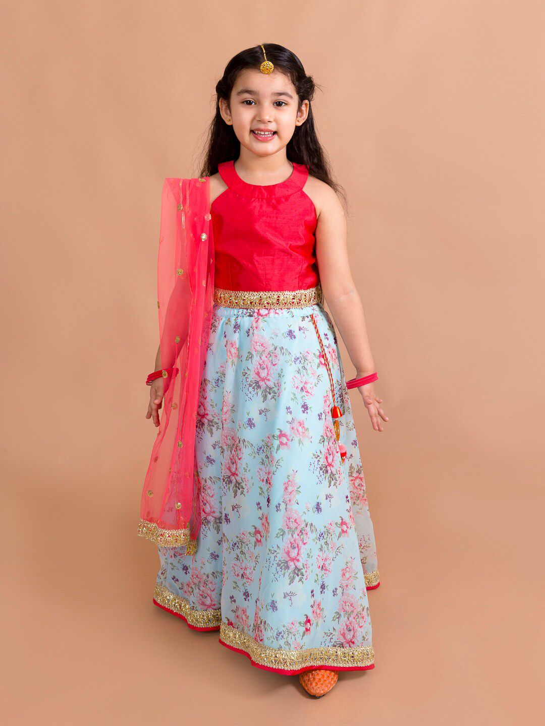 Ps Peaches Girls Red & Blue Floral Lehenga Choli Set Price in India