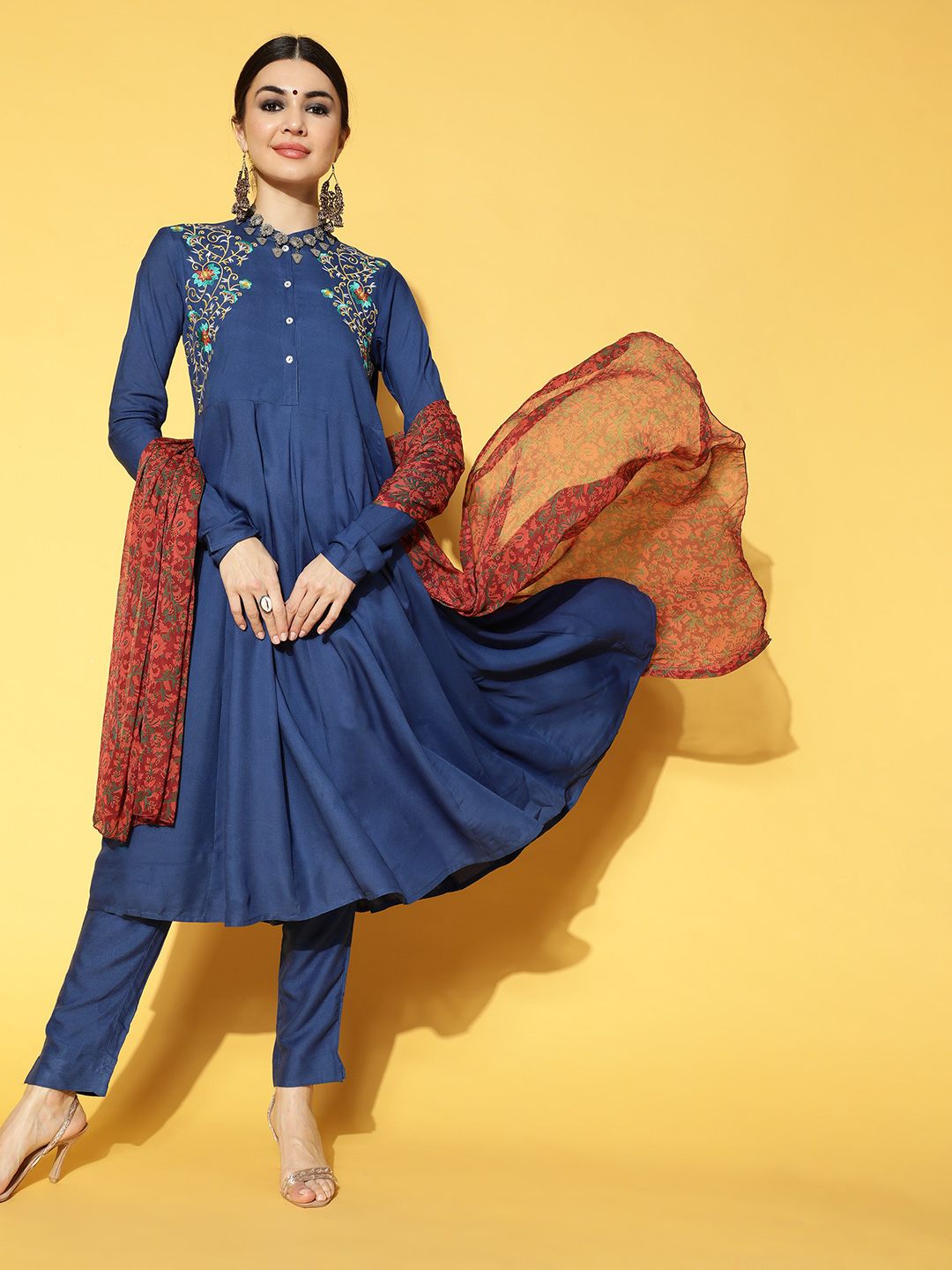 Sangria Women Blue Floral Embroidered Pleated Kurta with Trousers Price in India