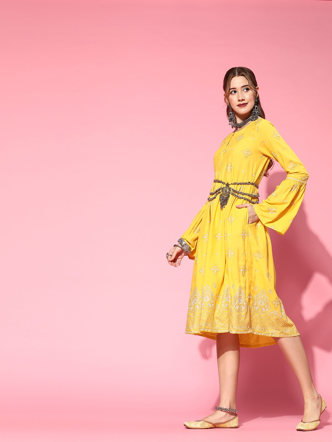Sangria Women Bright Yellow Ethnic Motifs Dress Price in India