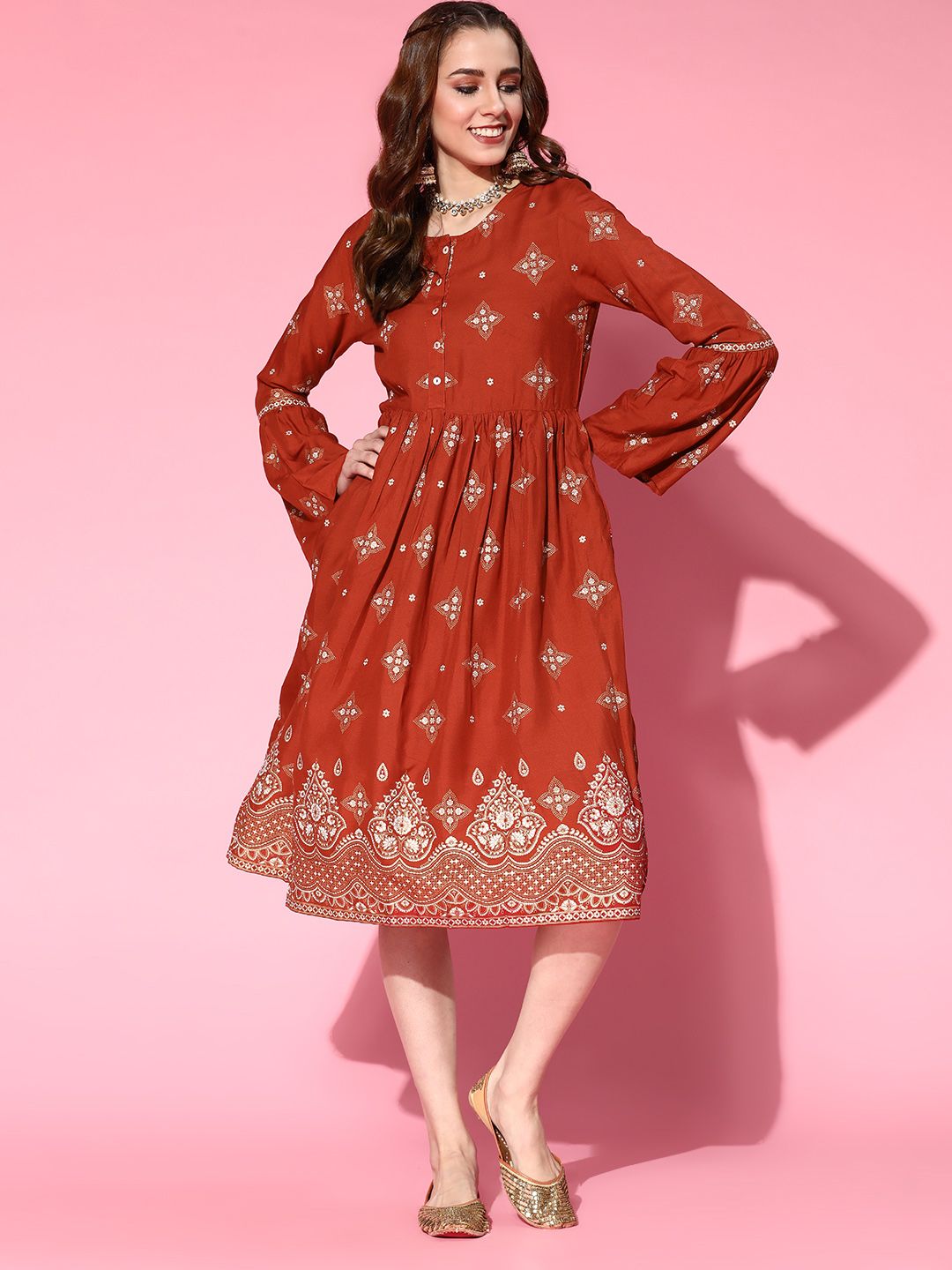 Sangria Rust & Golden Ethnic Motifs Printed A-Line Dress Price in India