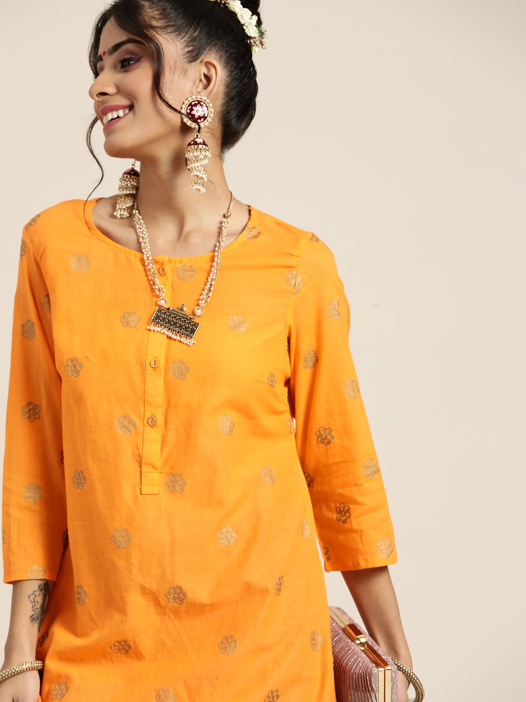 Sangria Women Coral Orange & Pink Printed Pure Cotton Kurta with Palazzos Price in India