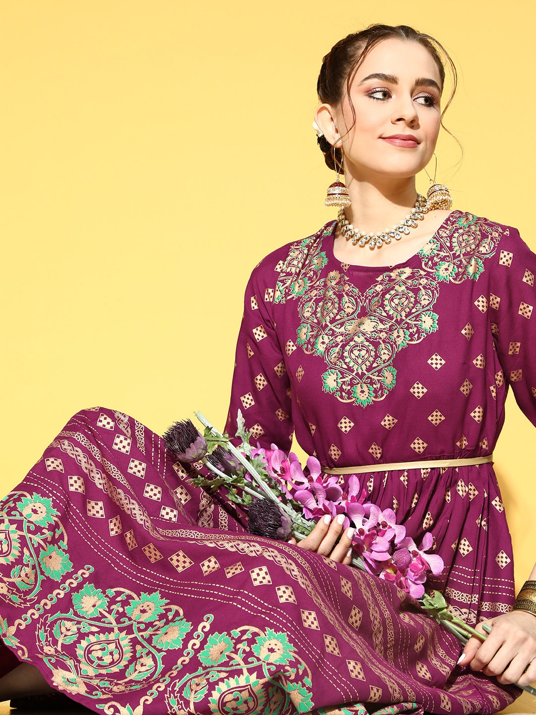 Sangria Women Charming Purple Ethnic Motifs Dress Price in India