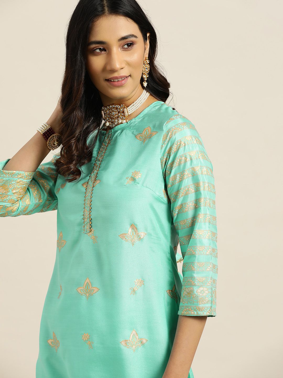 Sangria Women Sea Green & Golden Printed Gotta Patti Kurta with Trousers