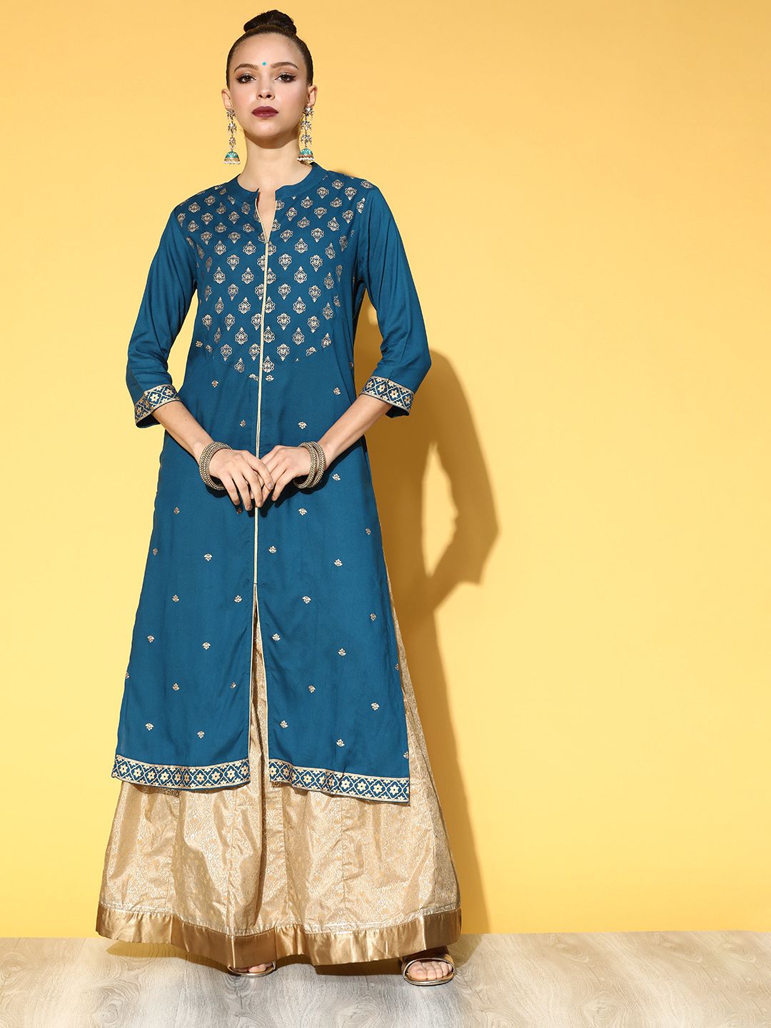 Sangria Women Teal Blue & Golden Ethnic Motifs Printed Kurta Price in India