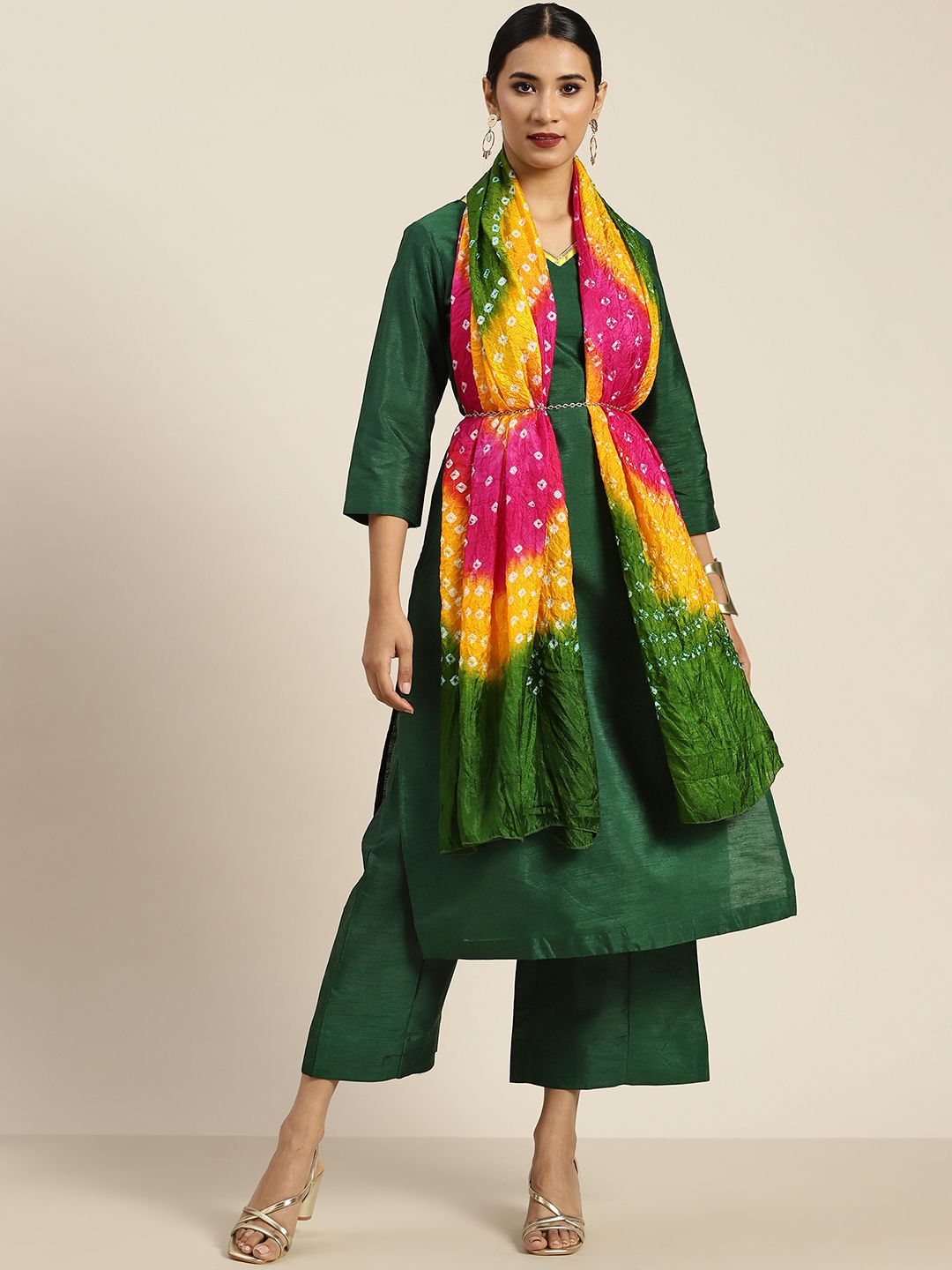 Sangria Women Green Solid Kurta with Palazzos & Dupatta Price in India