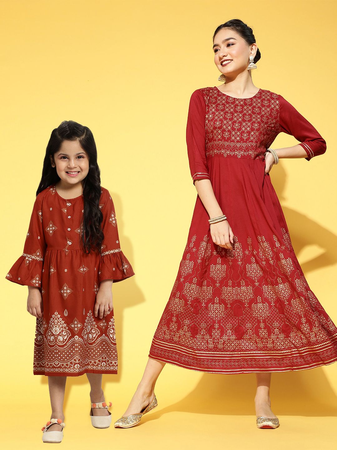 Sangria Maroon & Golden Ethnic Motifs Print A-Line Midi Dress Price in India