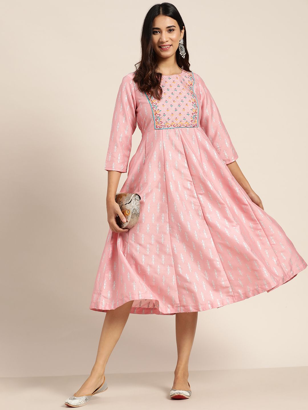 Sangria Pink & White Ethnic Motifs Midi A-Line Dress Price in India