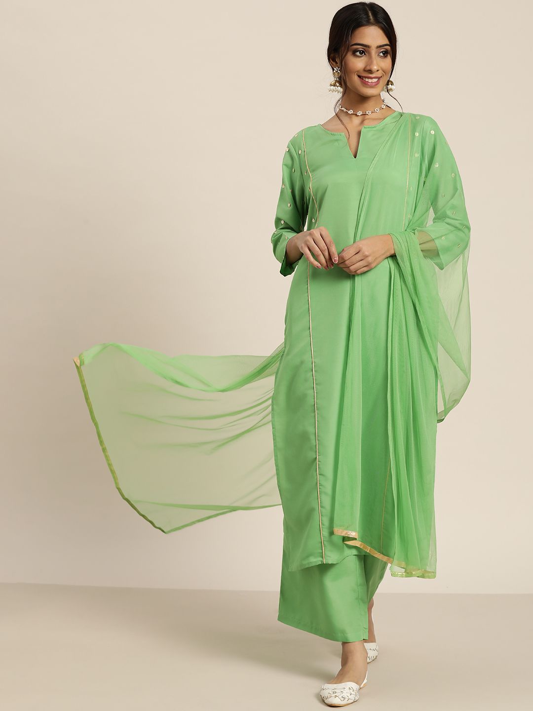 Sangria Women Green Panelled Sequinned Kurta with Palazzos & Dupatta Price in India