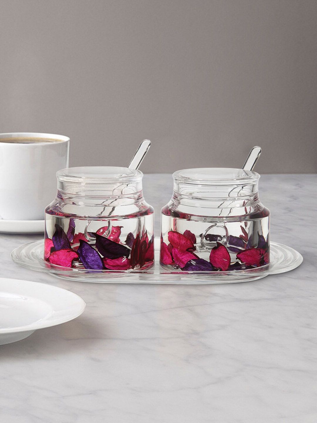OBSESSIONS Set Of 2 Transparent & Pink Agua Acrylic Sugar Jar With Tray Price in India
