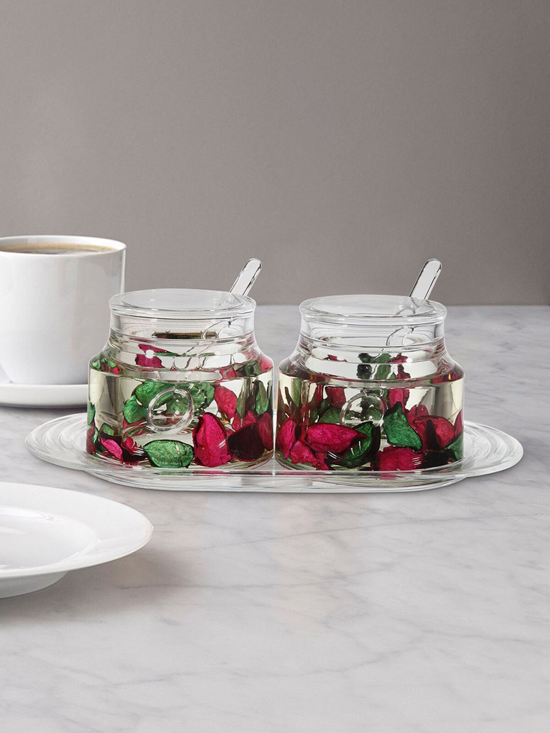 OBSESSIONS Pink & Green Acrylic Sugar Jar With Tray Price in India