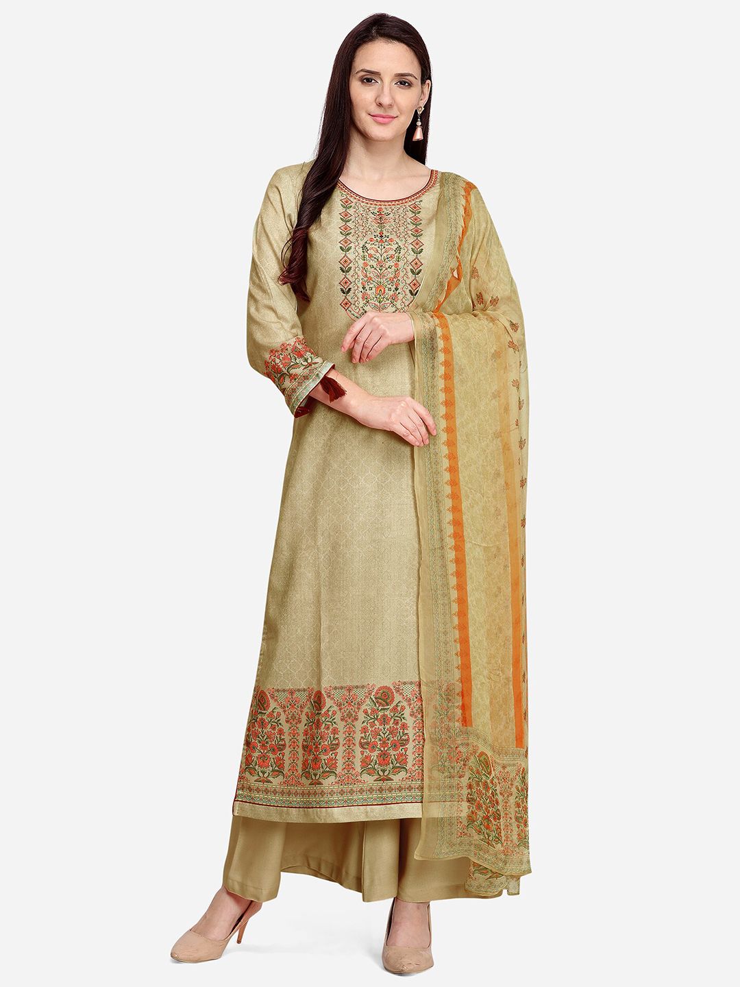 Stylee LIFESTYLE Beige Embroidered Unstitched Dress Material Price in India