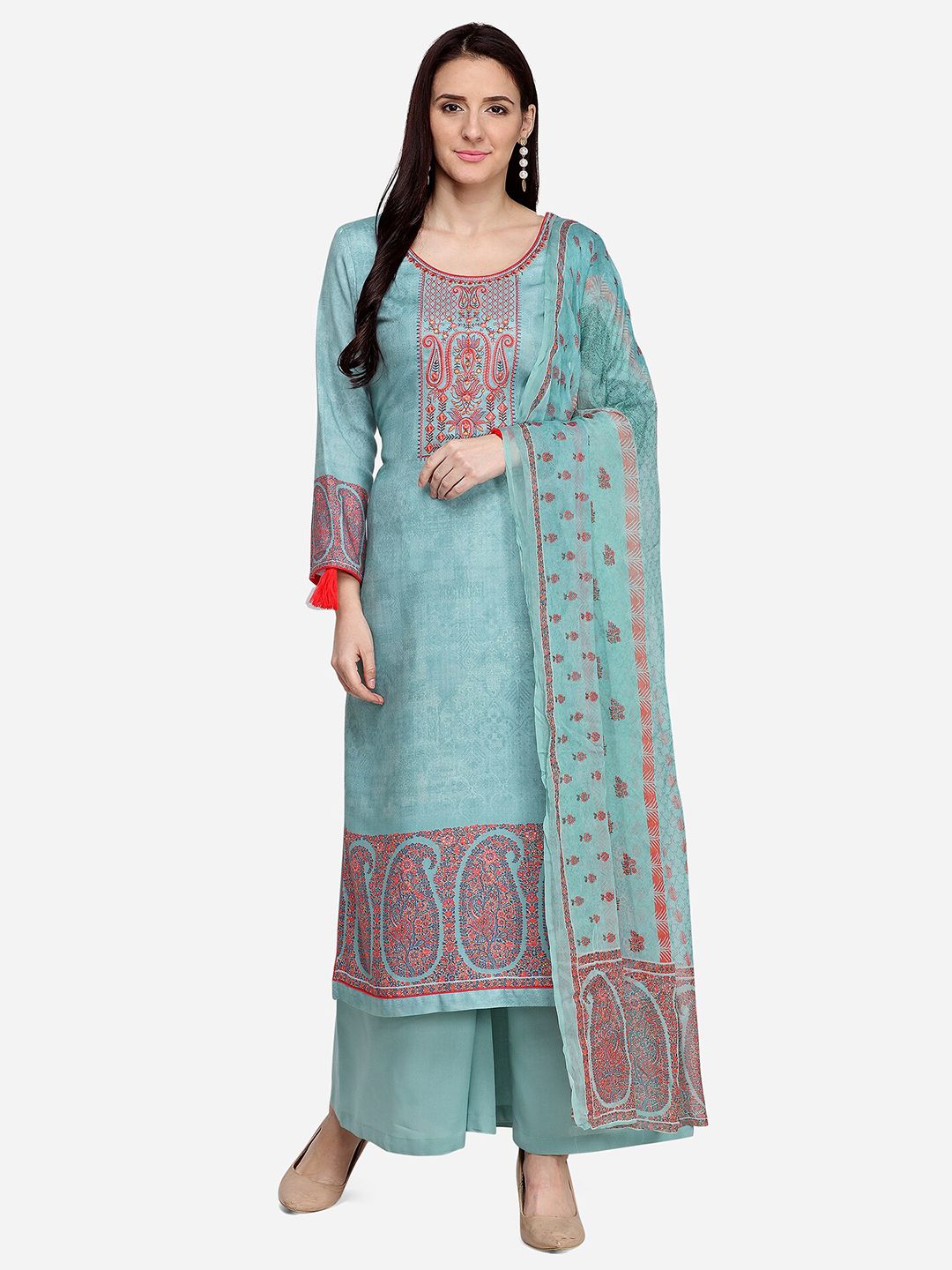 Stylee LIFESTYLE Teal Embroidered Unstitched Dress Material Price in India