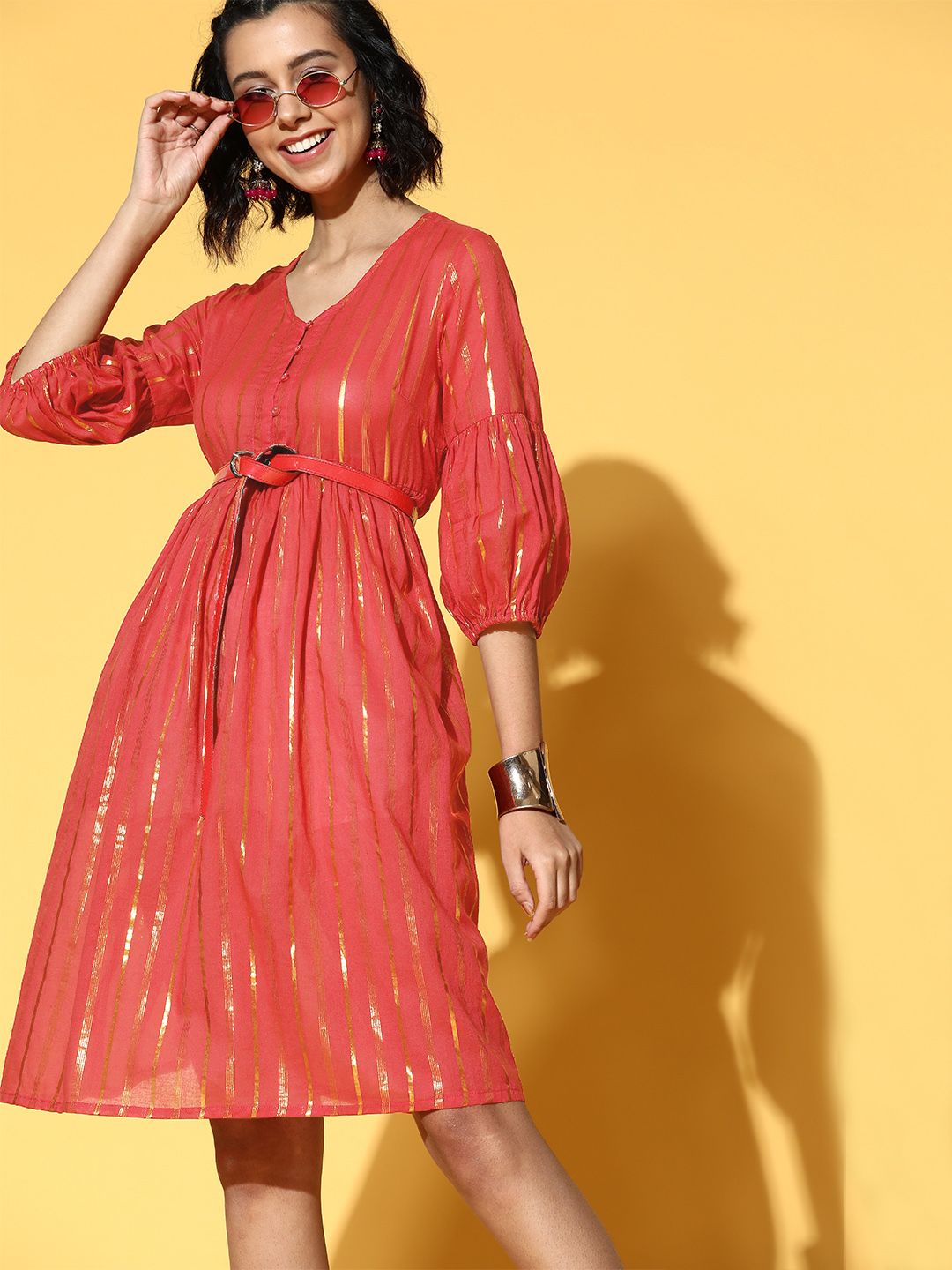 Sangria Orange Striped Puff Sleeves Dress Price in India
