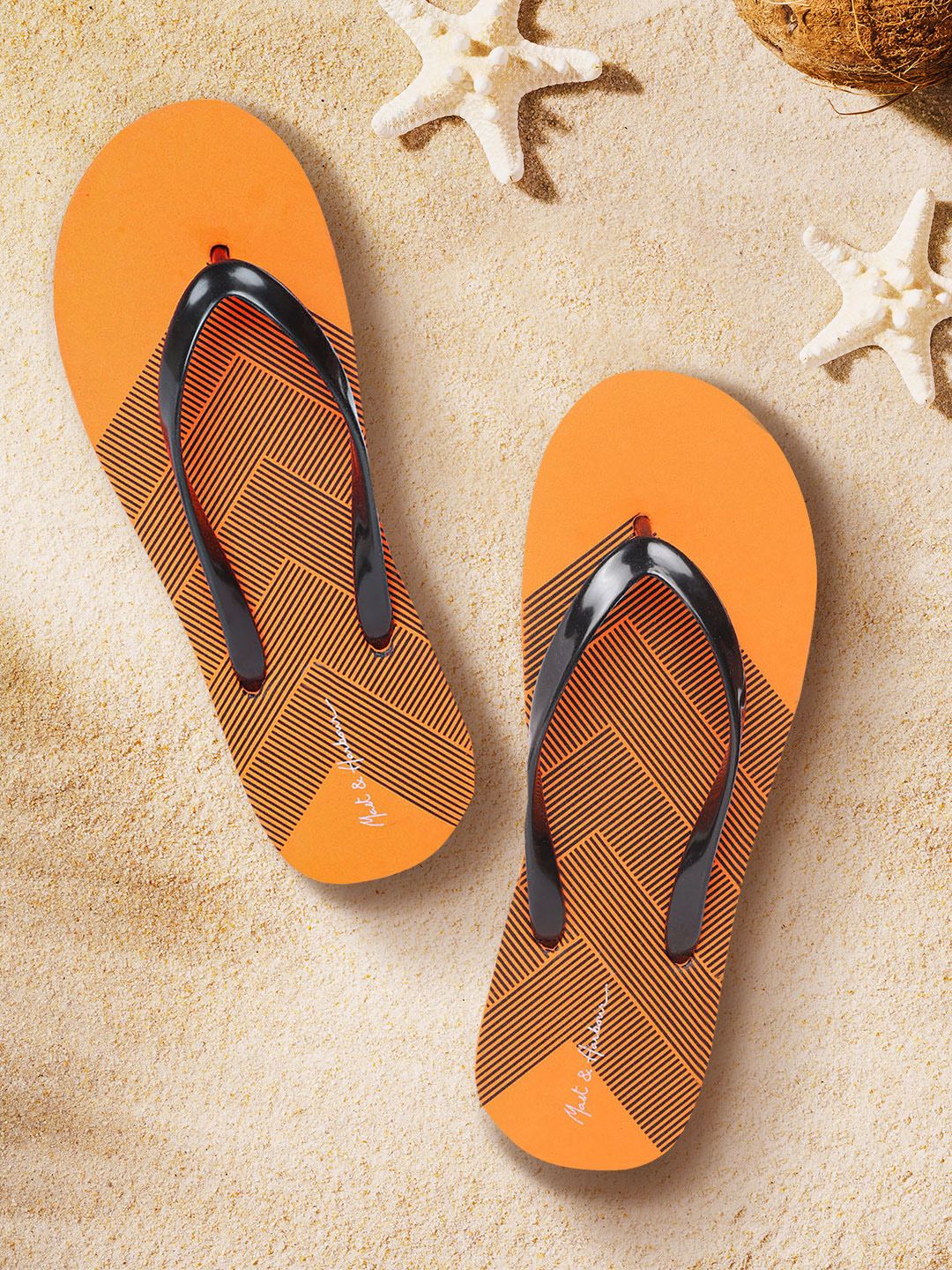 Mast & Harbour Women Orange & Black StripedThong Flip-Flops Price in India