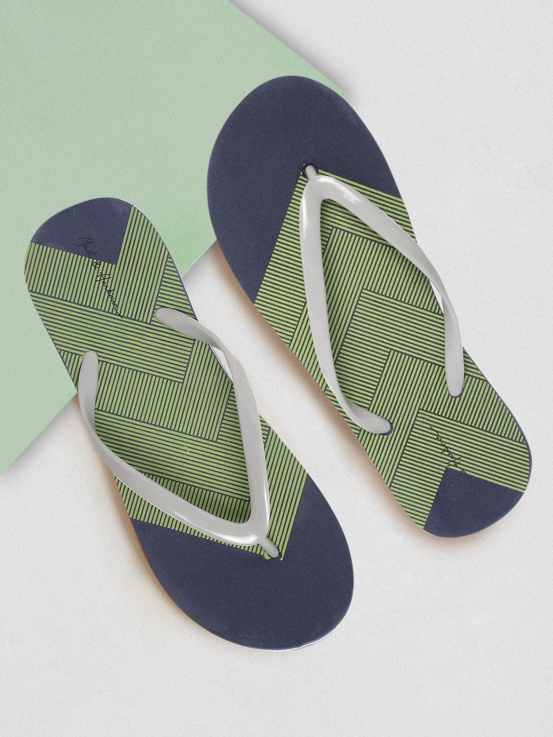 Mast & Harbour Women Navy Blue & Olive Green Chevron Printed Thong Flip-Flops Price in India