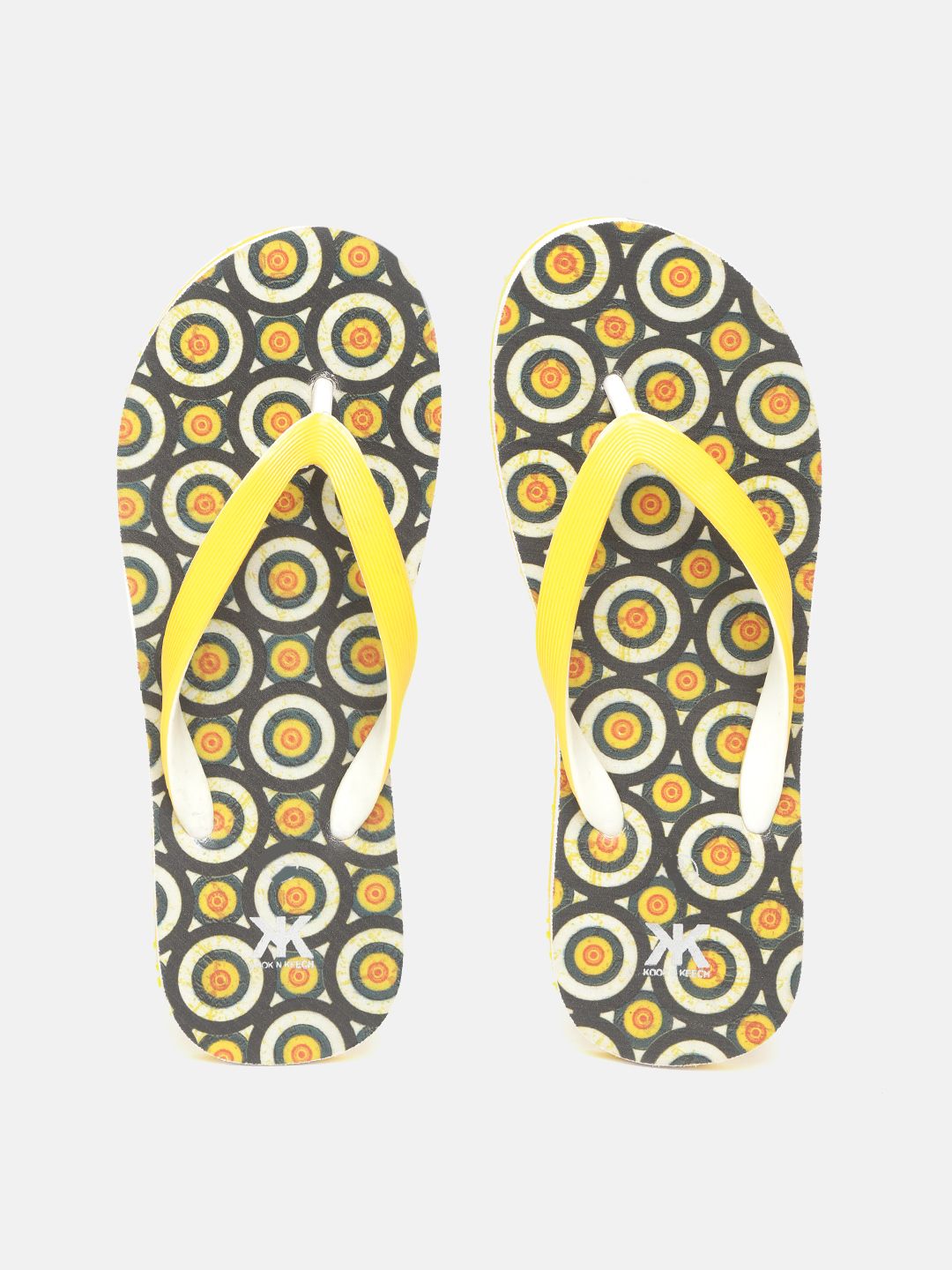 Kook N Keech Women Yellow & Charcoal Grey Geometric Print Thong Flip-Flops Price in India