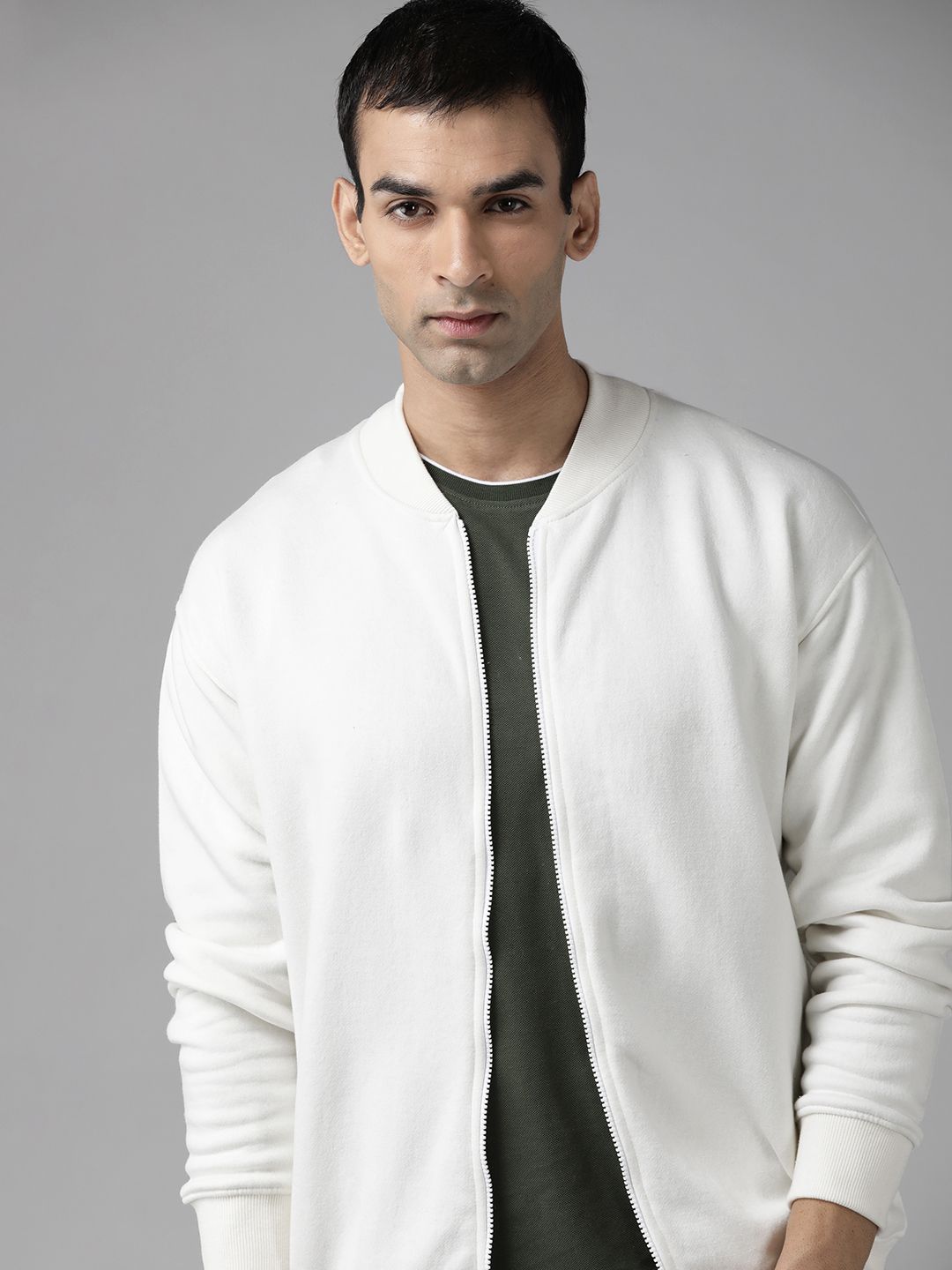 Roadster Men White Solid Bomber Jacket