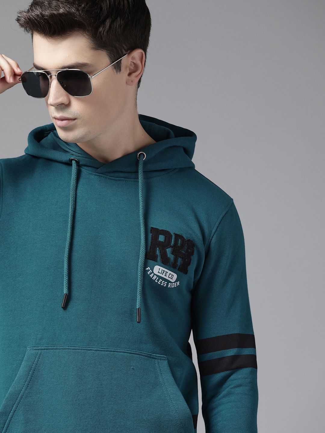 Roadster Men Teal Blue Printed Applique Hooded Sweatshirt