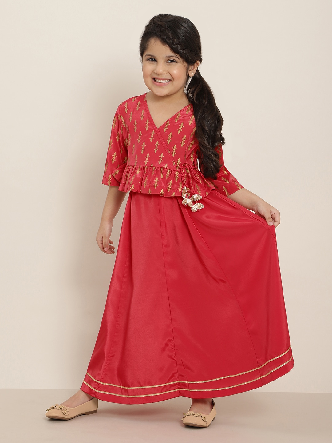 Sangria Girls Pink & Golden Ethnic Motifs Foil Print Ready to Wear Lehenga Choli Price in India