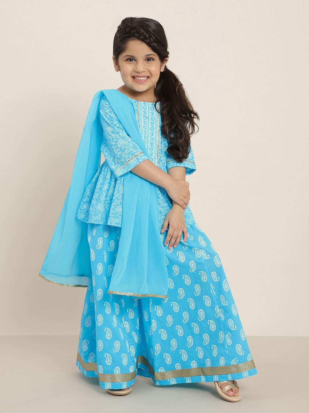 Sangria Girls Blue & White Ethnic Motifs Print Pure Cotton Ready to Wear Lehenga Choli Price in India