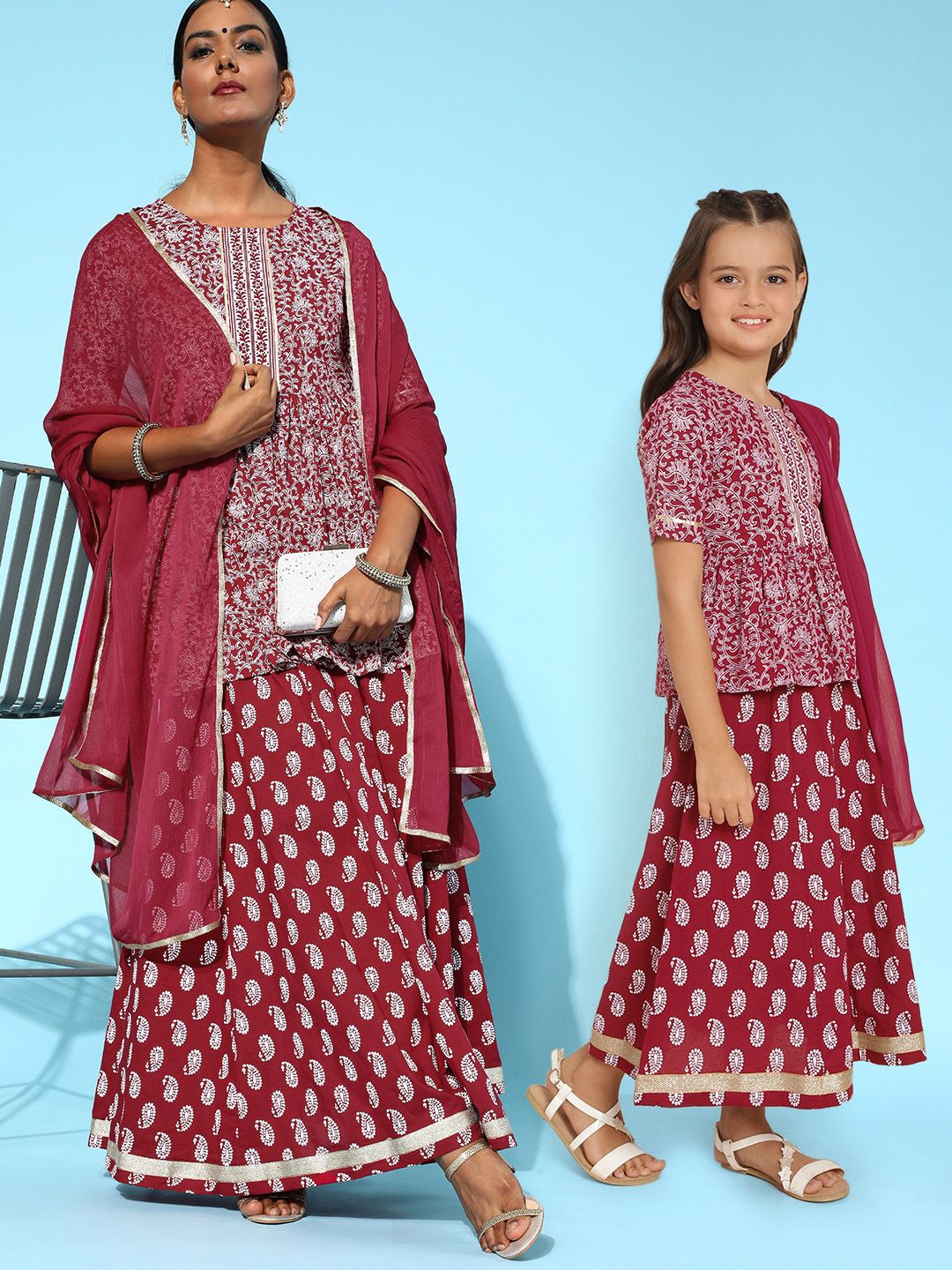 Sangria Girls Maroon & White Ethnic Motifs Print Pure Cotton Ready to Wear Lehenga Choli Price in India