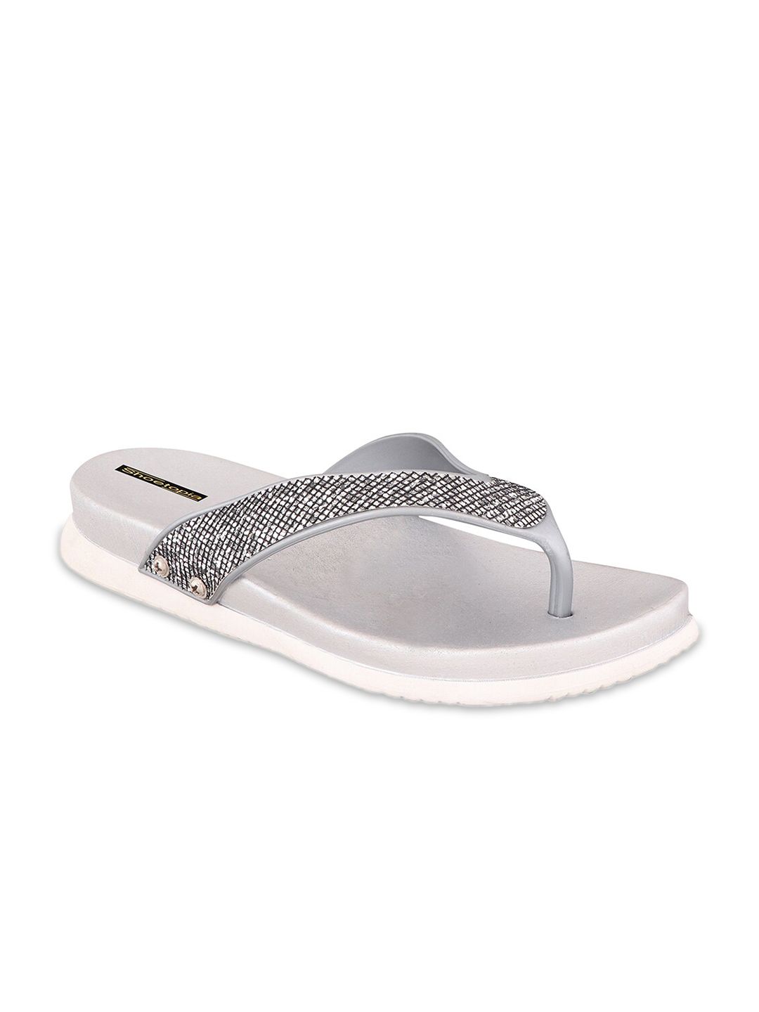 Shoetopia Women Silver-Toned & Grey Embellished Thong Flip-Flops Price in India