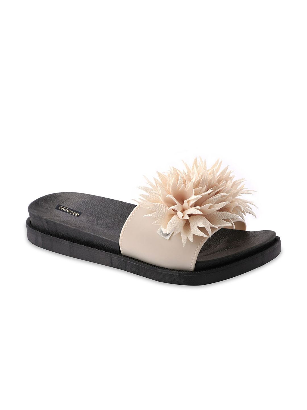 Shoetopia Women Cream-Coloured & Black Sliders Price in India