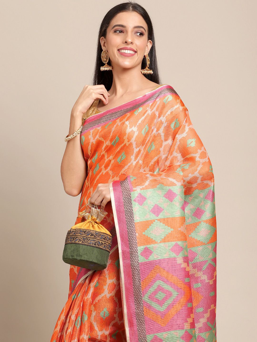 Anouk Orange & Cream-Coloured Ethnic Motifs Print Jute Silk Saree