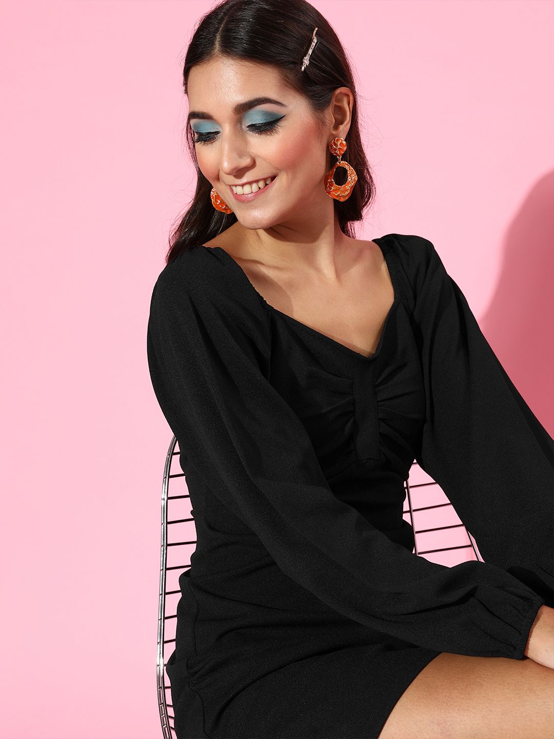 SASSAFRAS Women Stylish Black Solid Puff Sleeves Dress Price in India