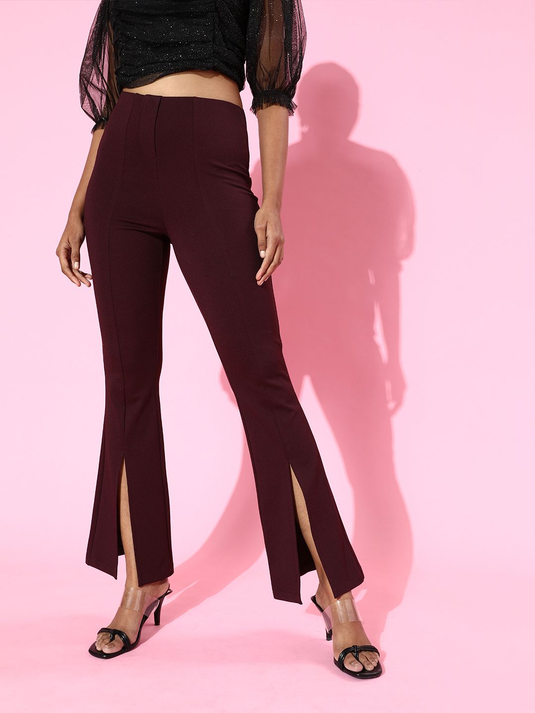 SASSAFRAS Women Burgundy High-Rise Graduated Flare Trousers Price in India