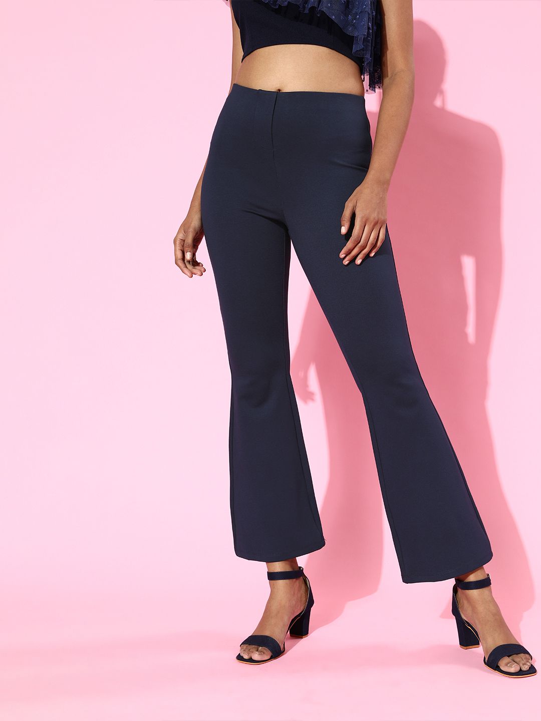 SASSAFRAS Women Navy Blue High-Rise Graduated Flare Trousers Price in India