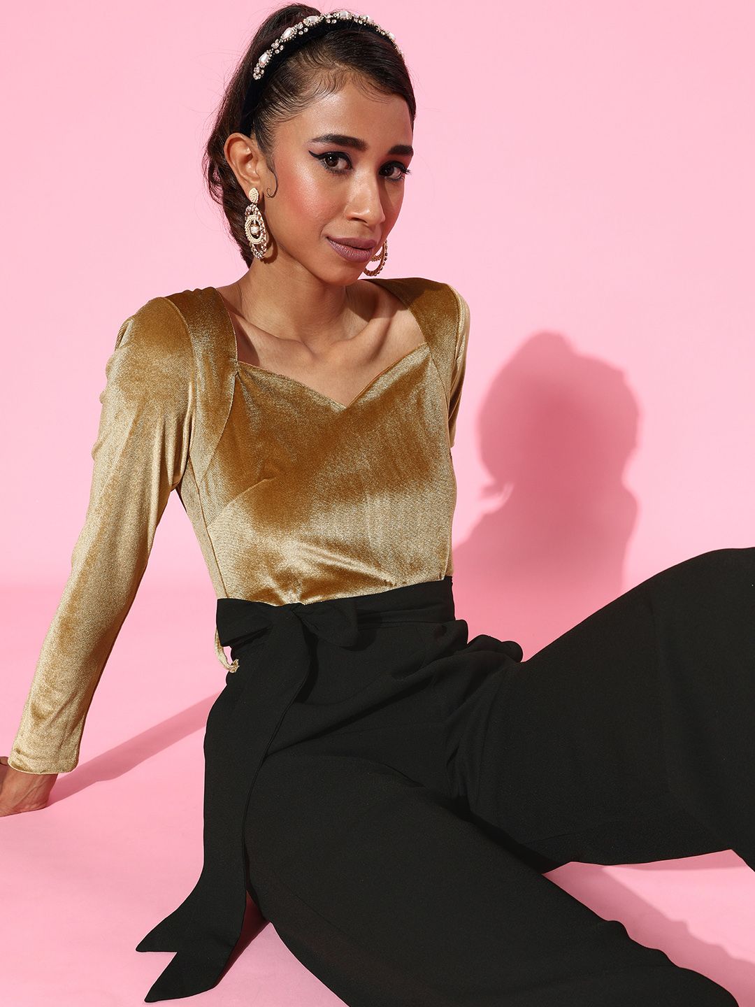 SASSAFRAS Gold-Toned & Black Colourblocked Basic Jumpsuit Price in India