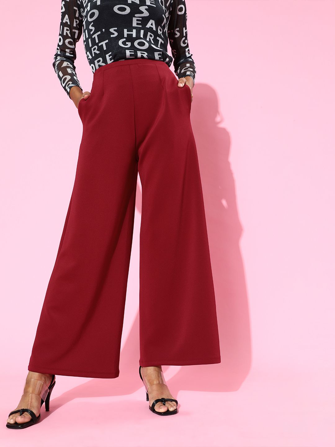 SASSAFRAS Women Maroon High-Rise Graduated Flare Trousers Price in India