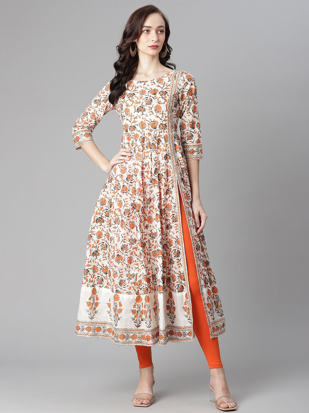 Poshak Hub Women White & Orange Printed Pure Cotton Anarkali Kurta with Churidar Price in India