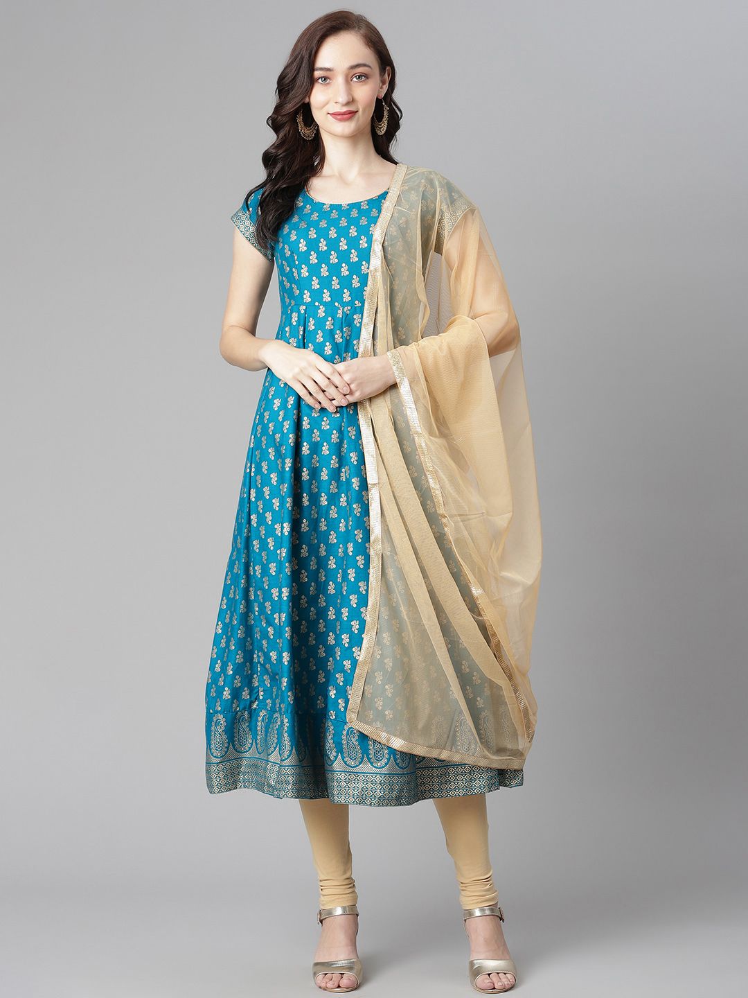 Poshak Hub Women Blue & Golden Printed Pure Cotton Kurta with Churidar & With Dupatta Price in India