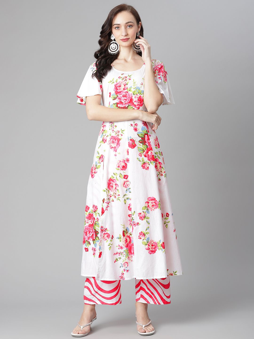 Poshak Hub Women White & Pink Floral Printed Pure Cotton Kurta with Palazzos Price in India