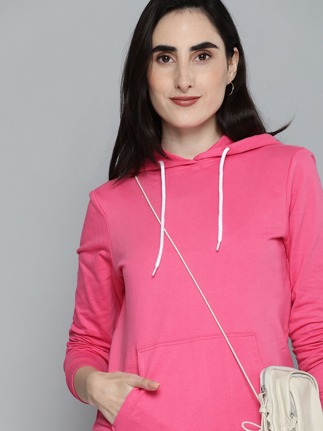 HERE&NOW Women Fuchsia Pink Solid Pure Cotton Hooded Pullover Sweatshirt Price in India