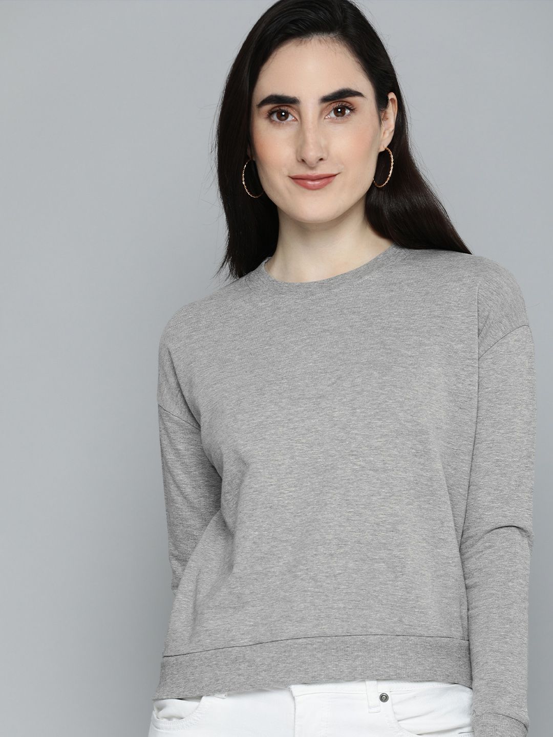 HERE&NOW Women Grey Melange Drop Shoulder Sweatshirt Price in India