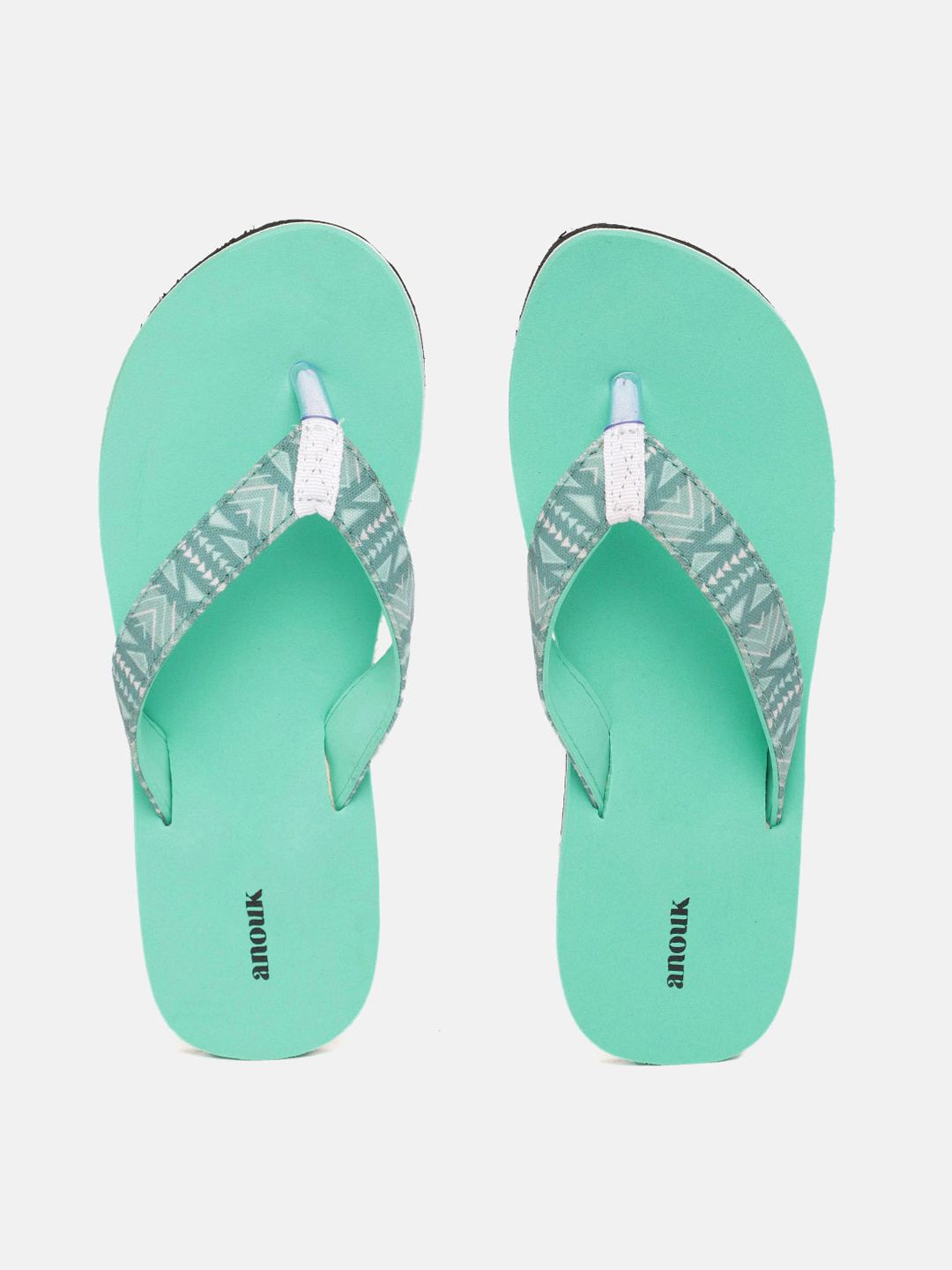 Anouk Women Sea Green & White Geometric Printed Thong Flip-Flops Price in India