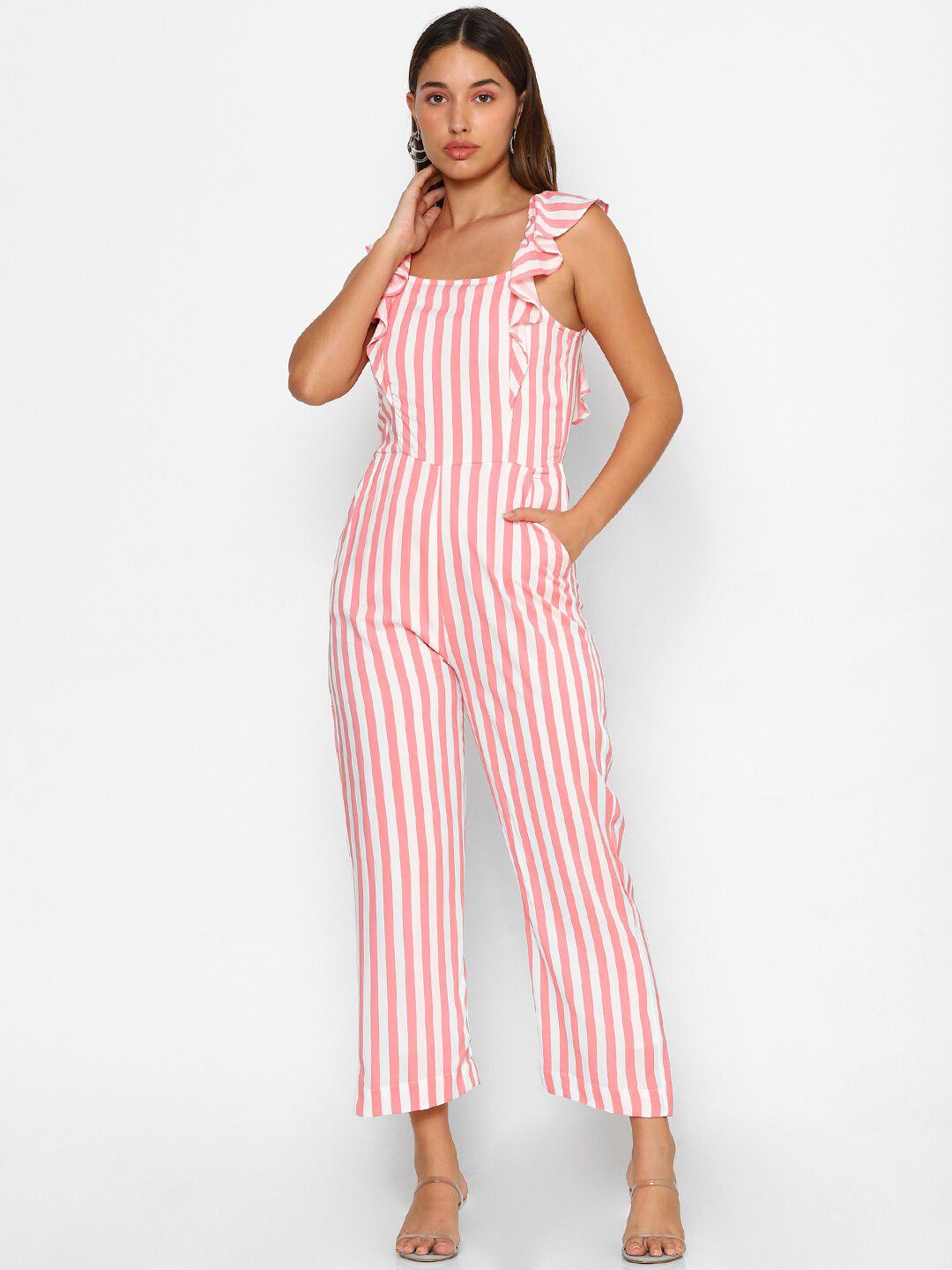 FOREVER 21 Women Pink & White Striped Basic Jumpsuit with Ruffles Price in India