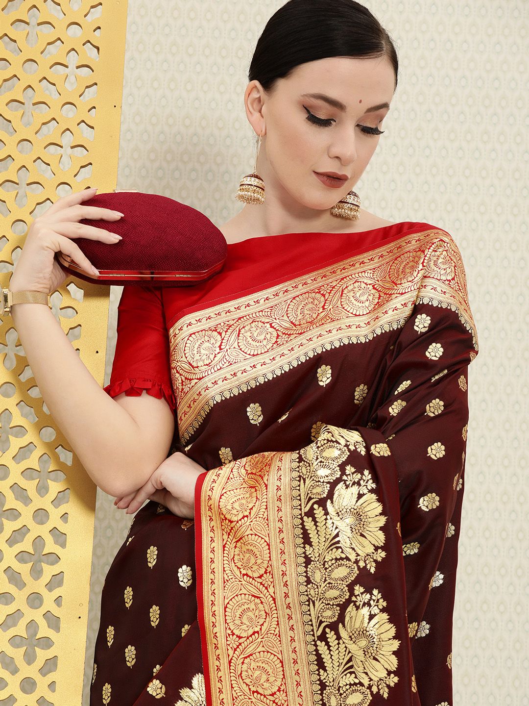 House of Pataudi Burgundy & Gold-Toned Floral Zari Silk Blend Banarasi Saree