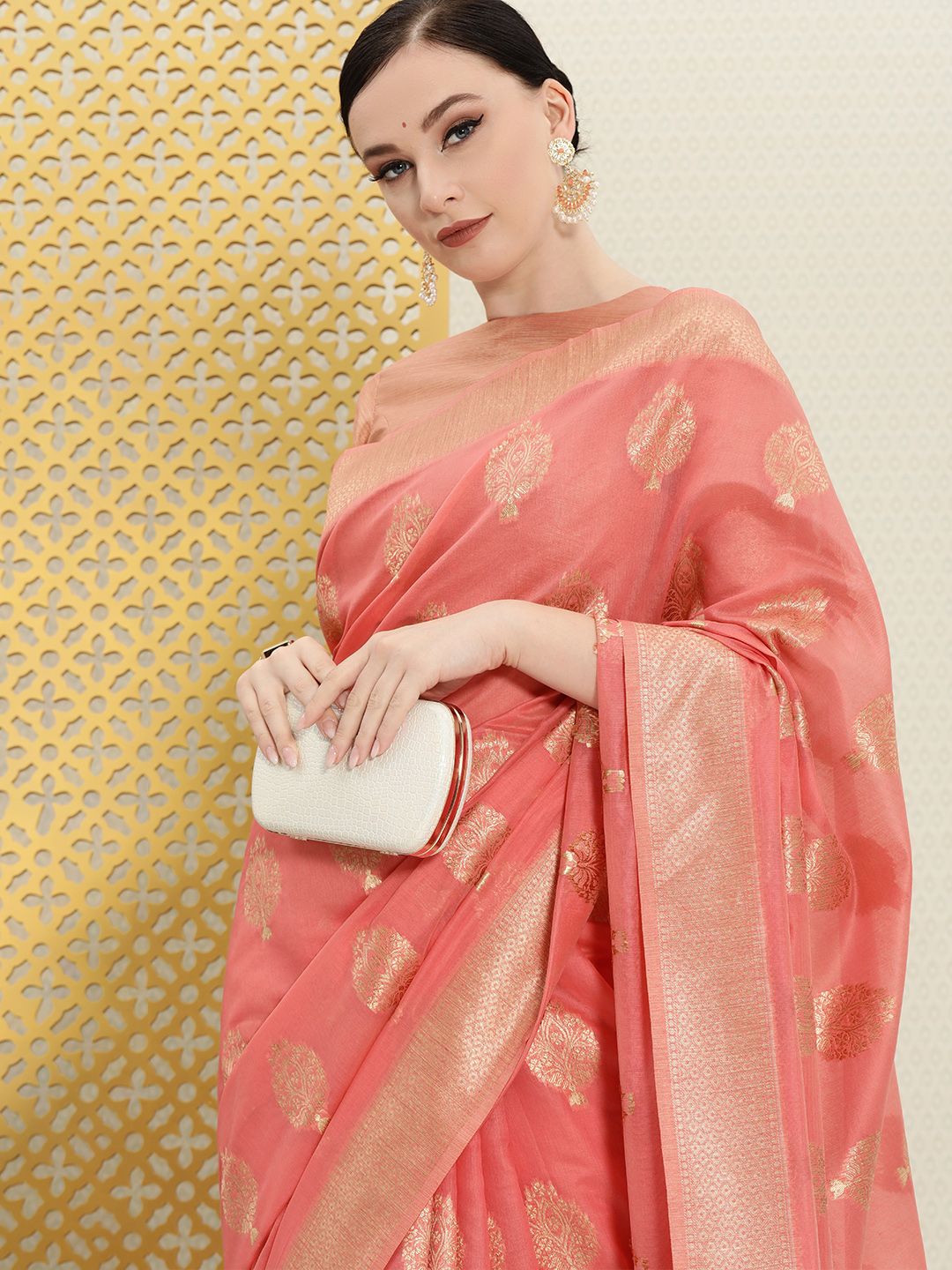 House of Pataudi Pink & Gold-Toned Ethnic Motifs Zari Saree Price in India