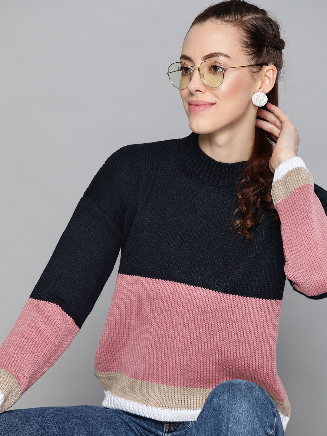 HERE&NOW Women Navy Blue & Pink Colourblocked Pullover Price in India