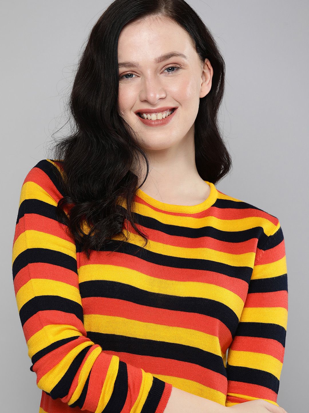 HERE&NOW Women Multicoloured Striped Pullover Sweater Price in India