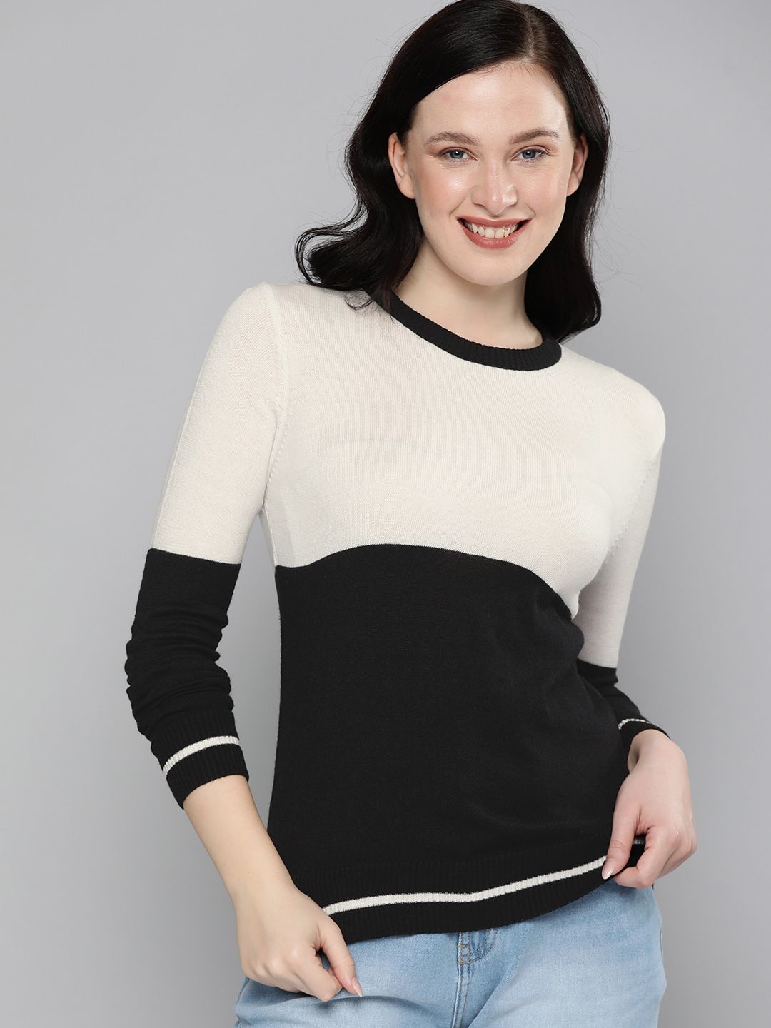 HERE&NOW Women Black & White Colourblocked Pullover Sweater Price in India