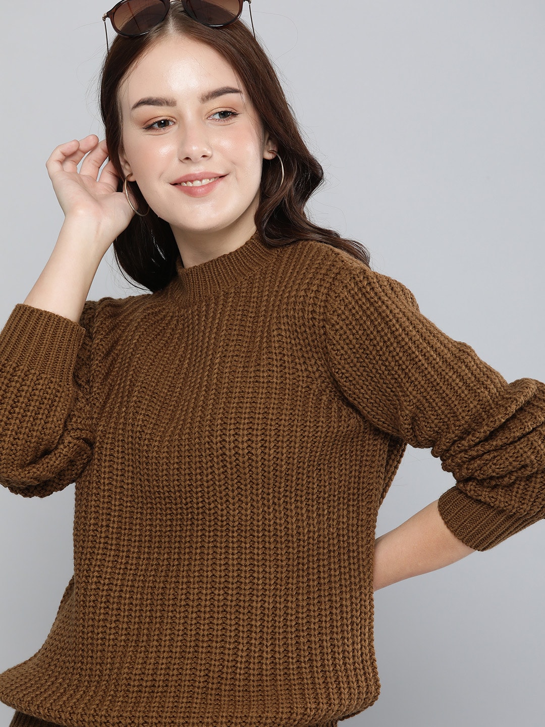 HERE&NOW Women Brown Ribbed Pullover Price in India
