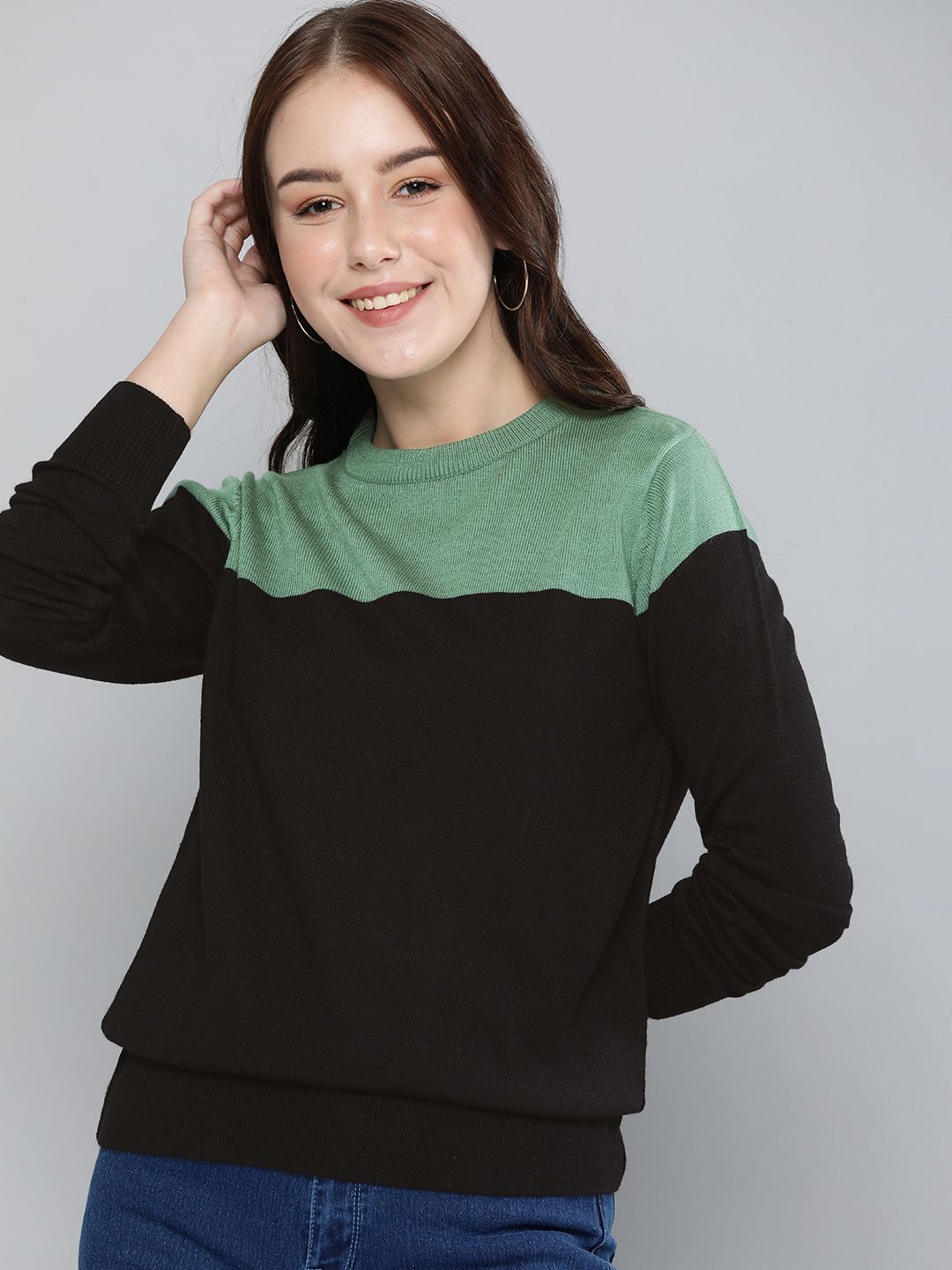 HERE&NOW Women Green & Black Colourblocked Pullover Price in India