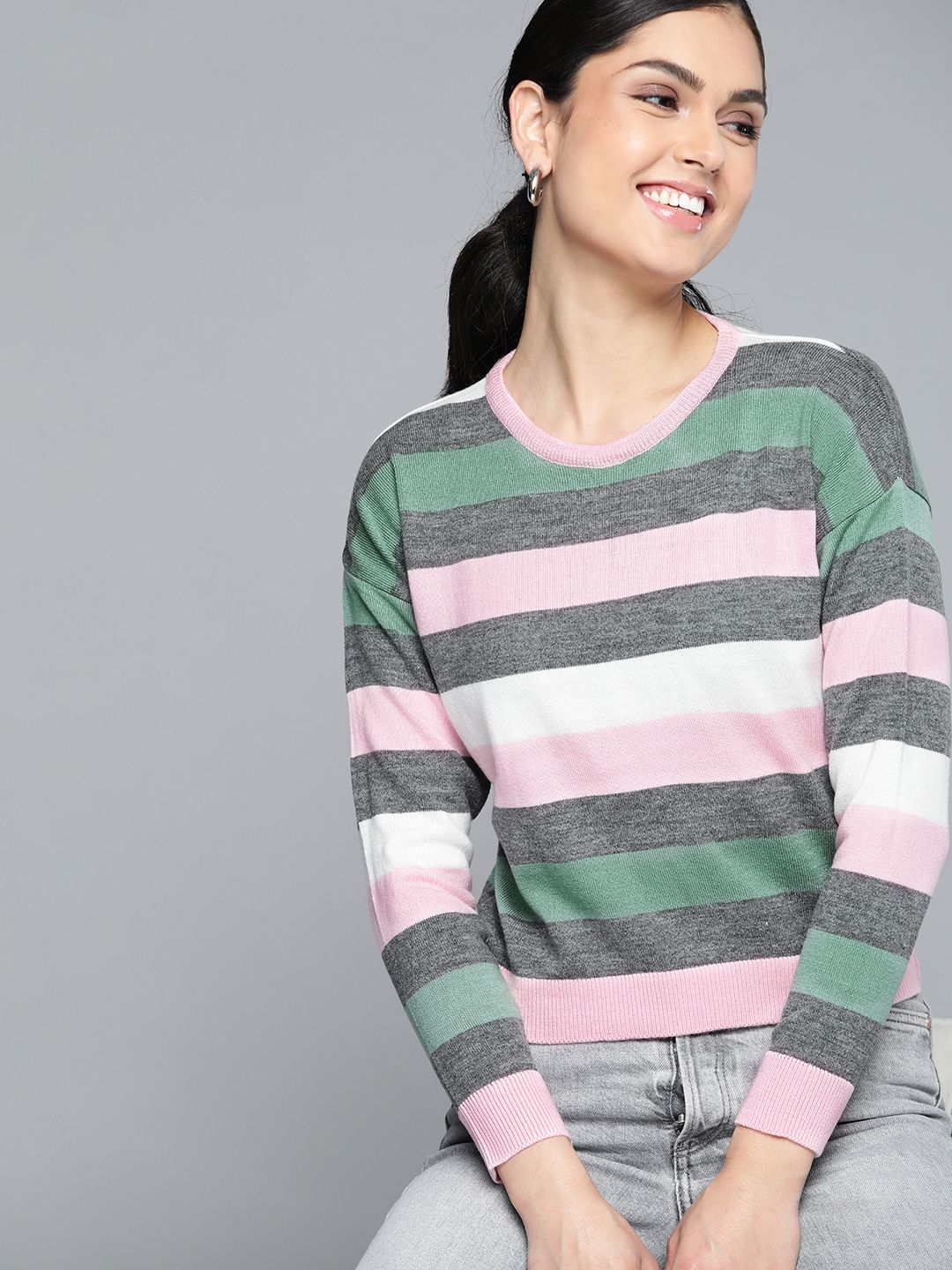 HERE&NOW Women Pink & Charcoal Grey Striped Pullover Price in India