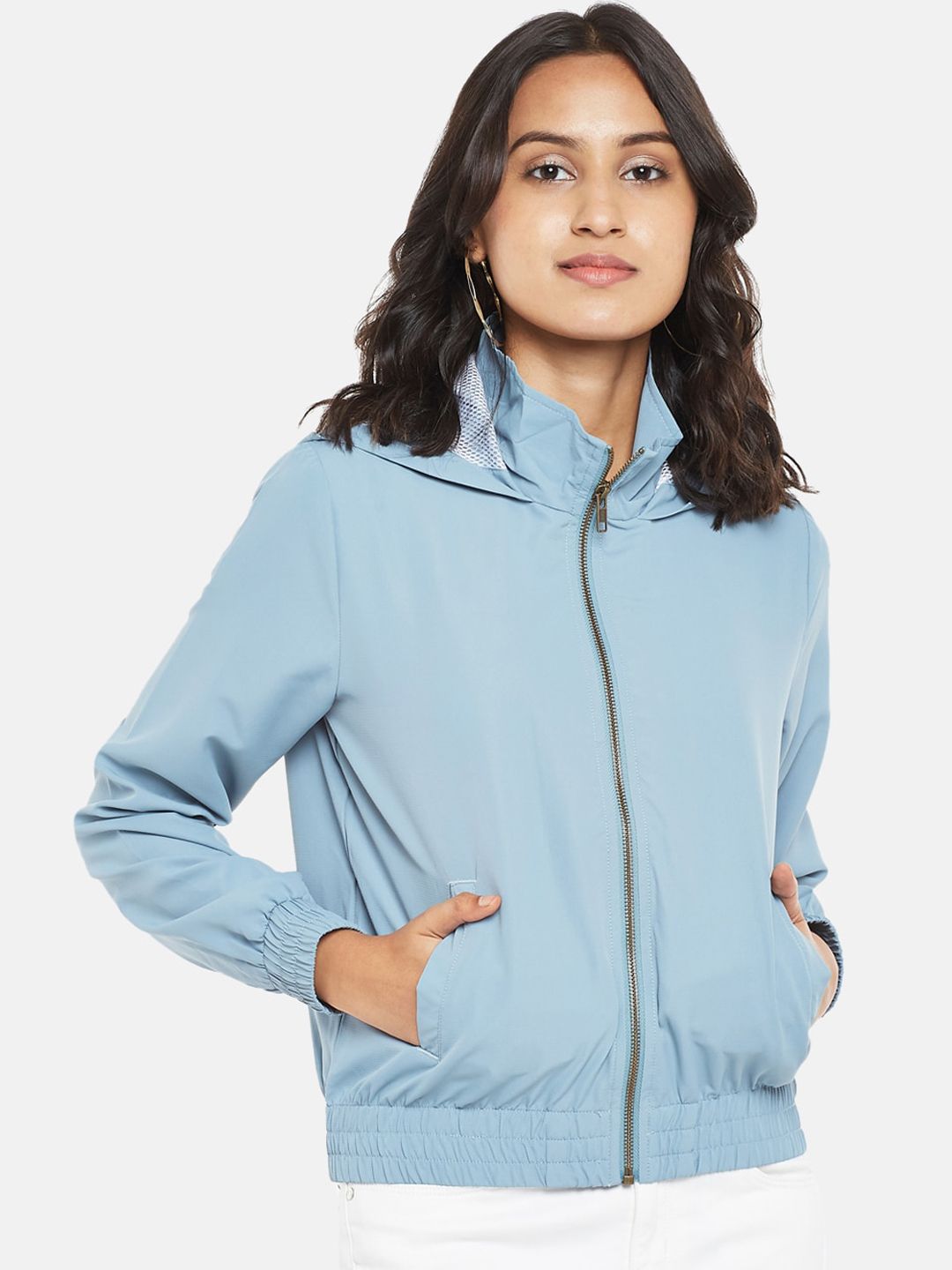 People Women Blue Bomber Jacket Price in India