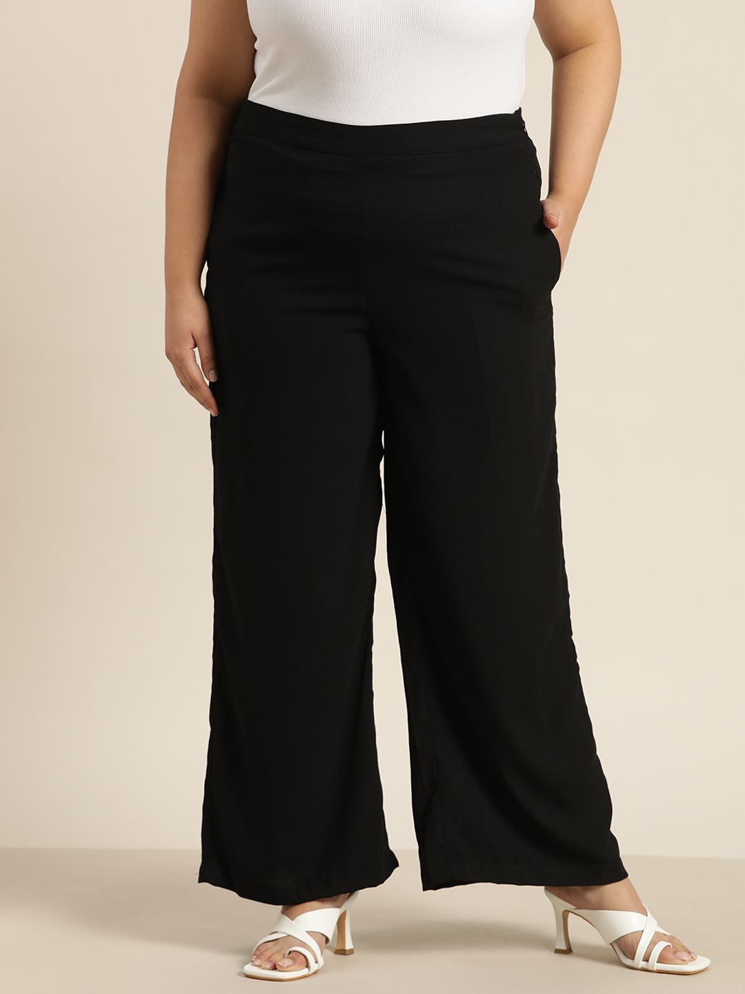 Sztori Women Plus Size Black Solid Parallel Trousers Price in India